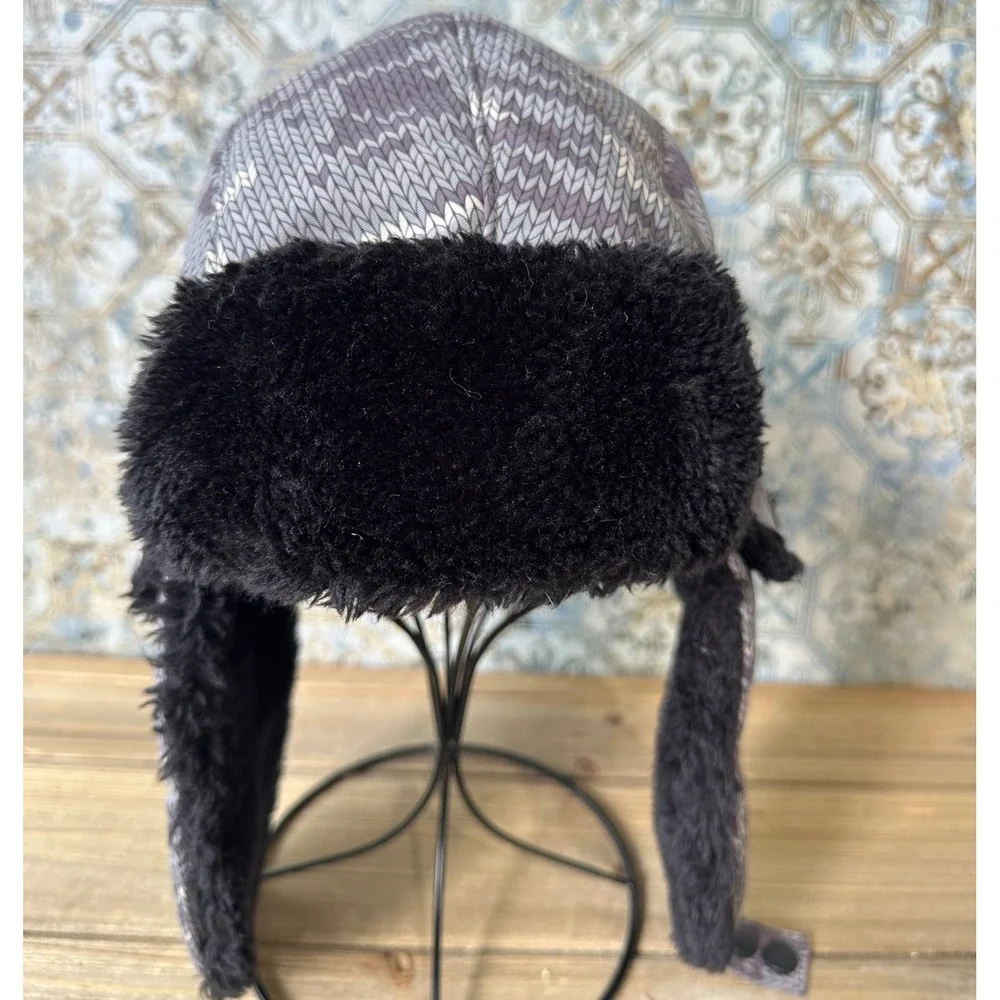 The North Face Trapper Hat Knit Print Faux Fur Mens OS Grey Excellent
